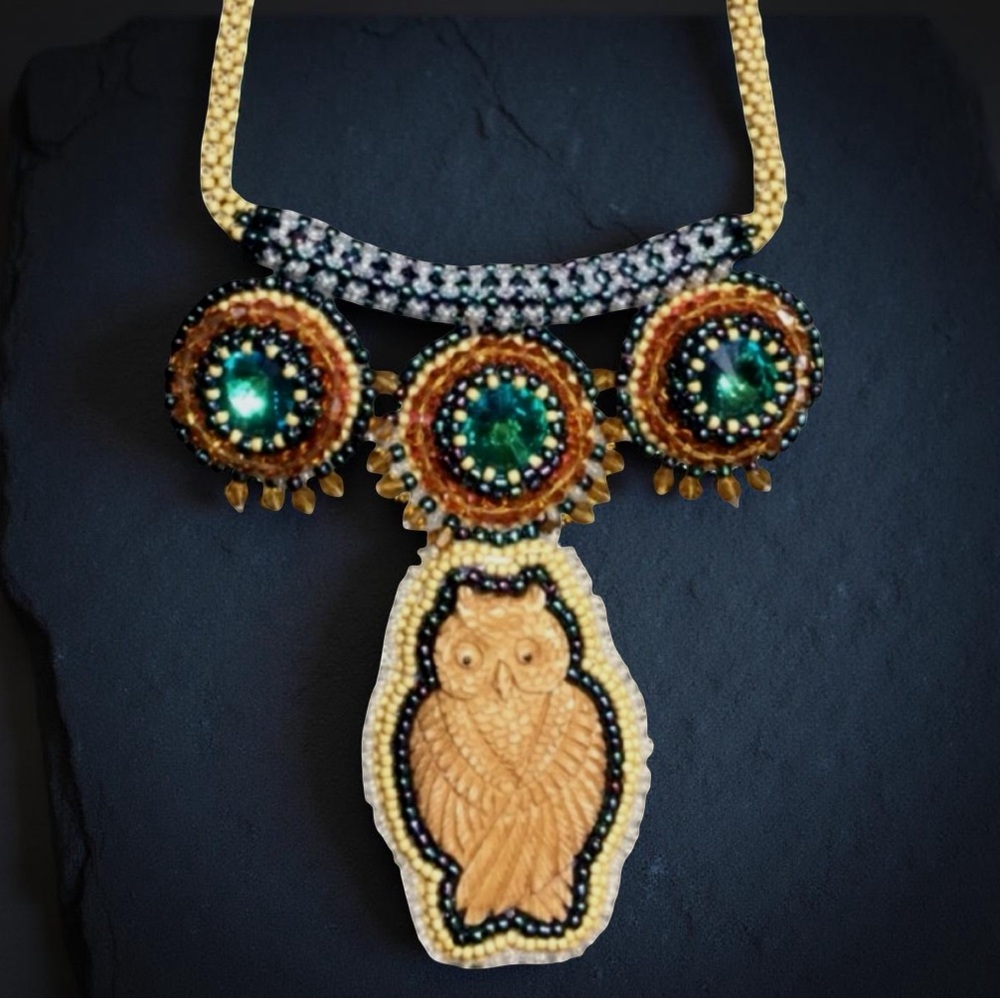 Bead Embroidered Owl Necklace